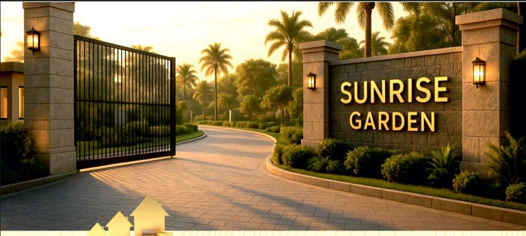 Sunrise Garden — gated entrance with gold signage