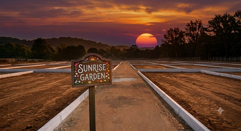 Sunrise Garden plot layout at sunset